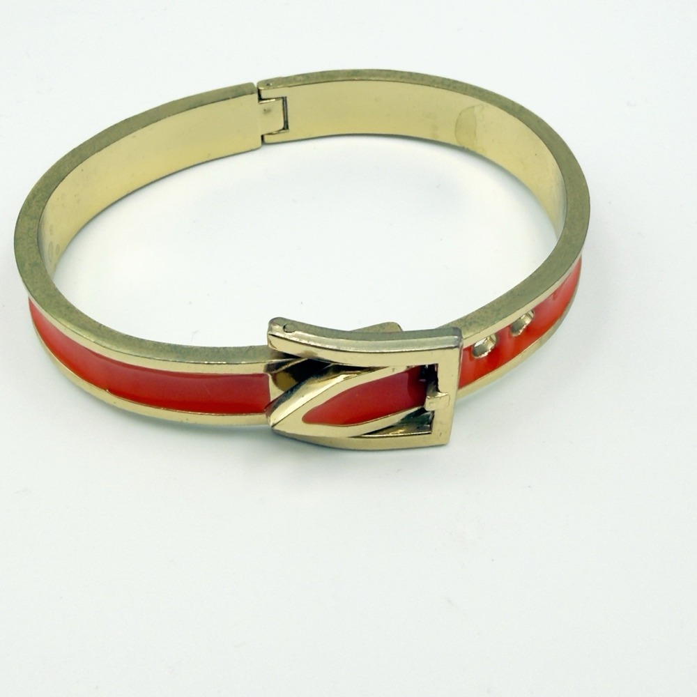 Gold Tone Buckle Bangle Bracelet Orange Enamel Hinge Cuff 6.25 Inch